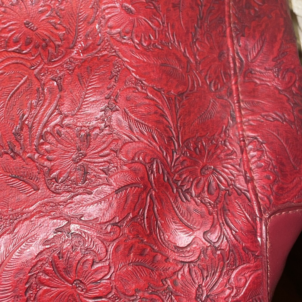 BUENO Red Tooled leather Tote Bag with Front and Back Full Pockets - Picture 10 of 10